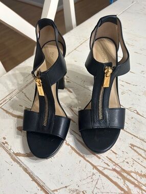 MICHAEL Michael Kors Black Leather Zip-Front Block Heel Sandals